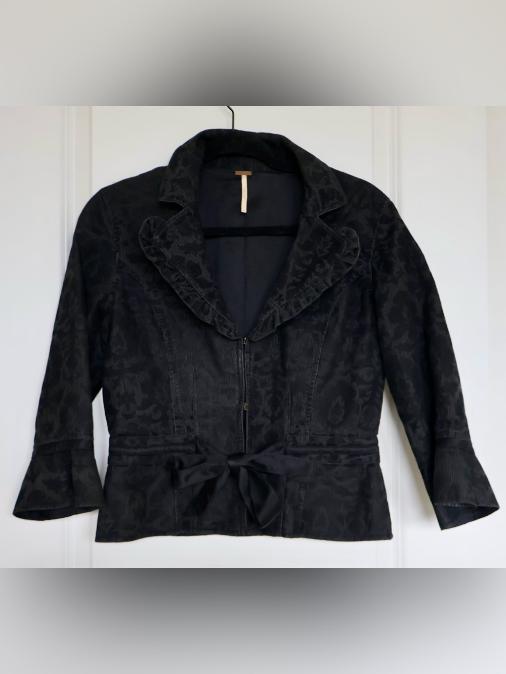 Free People Black Jacquard Jacket with Waist Tie